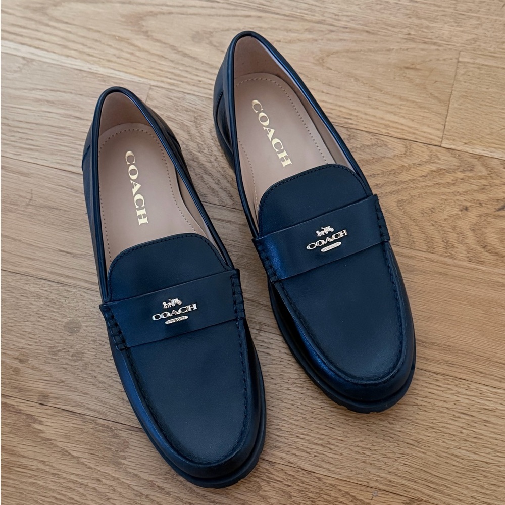 Coach Janie Black Leather Loafers with Gold Logo